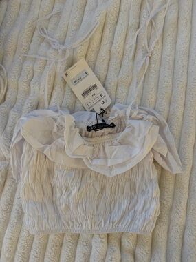 Zara White Smocked Ruffle Crop Top with Tie Straps size small NWT